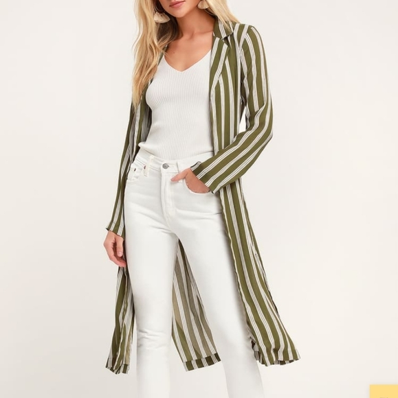 NWOT Cool As Can Be Olive Green Striped Duster - Picture 2 of 8